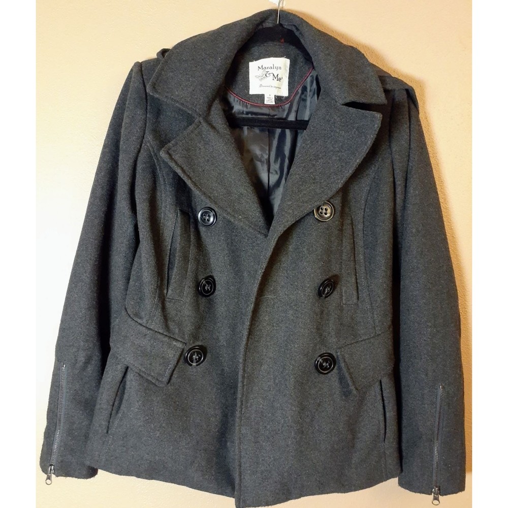 Women's Grey Hooded Double Breasted Peacoat, Small